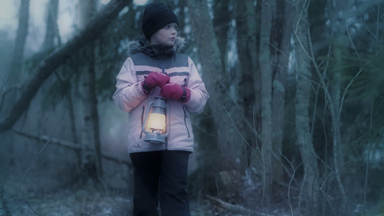 chica asustada sosteniendo una linterna en el bosque oscuro, retrato disparado por la noche