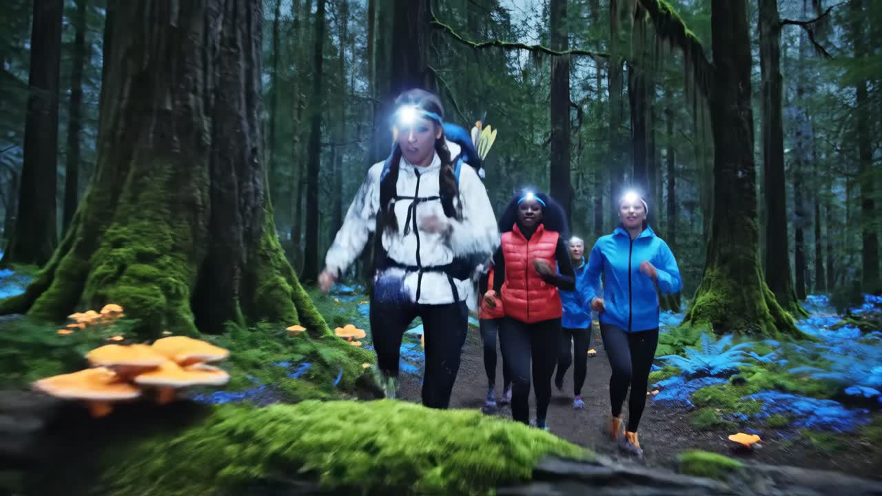 Group Trail Running in a Forest at Night