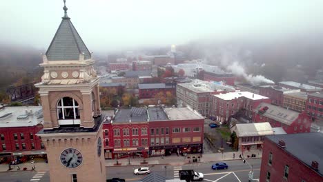 city hall aerial in montpelier vermont in fog