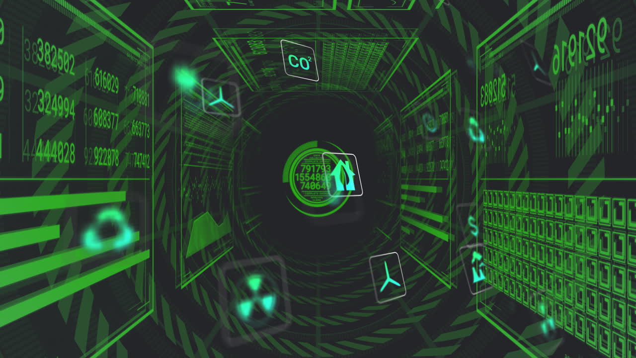 Displaying data and graphs, animation of futuristic green digital tunnel