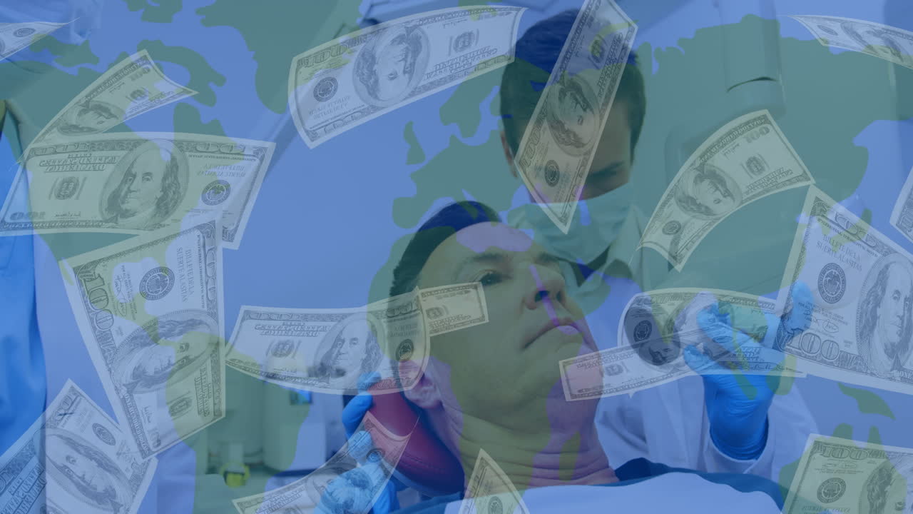 백인 남성 치과의사가 백인 남성을 치료하는 백인 남성 위의 지폐의 애니메이션