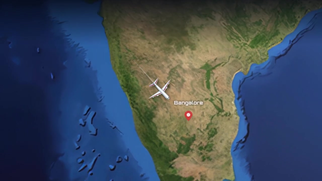Satellite view animation tracks a commercial airplane flying from Frankfurt to Bangalore across continents