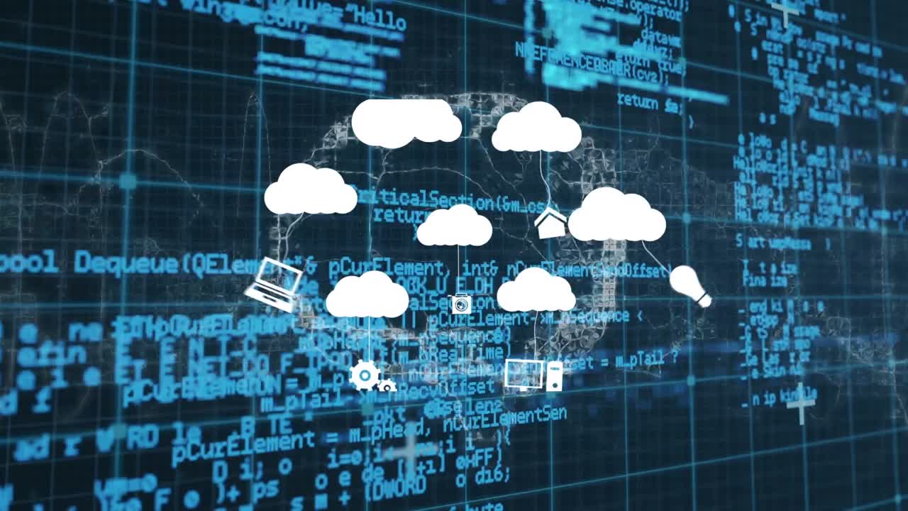 animación de nubes con iconos sobre el cerebro digital y el procesamiento de datos