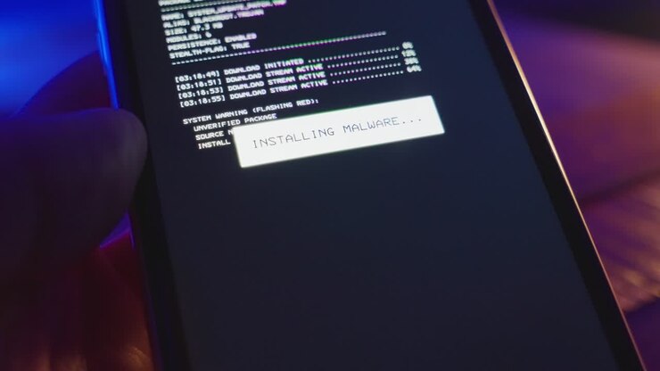 Close up on device screen installing malware application on phone with code and algorithm. Breaking into server or local system by hacker group. Stealing information or data breach virus on smartphone