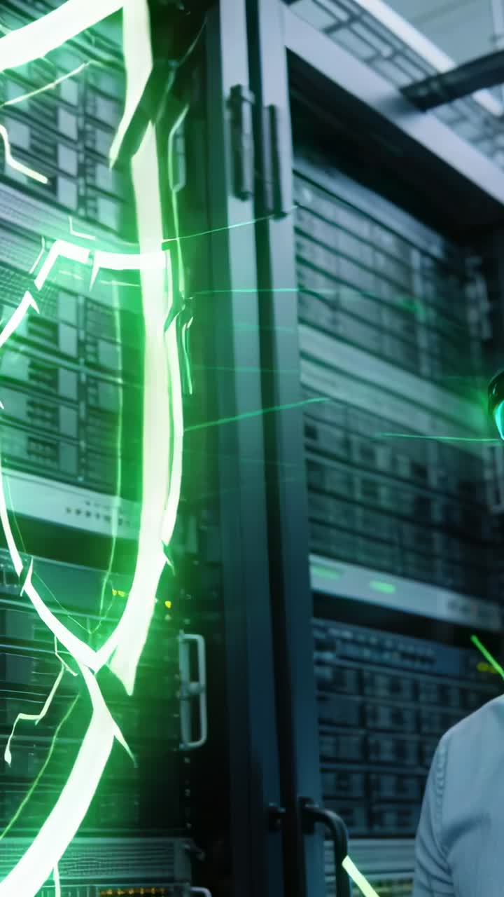 Vertical video: Starting scan, green shield pulsing over racks in DC, tech in light shirt with AR
