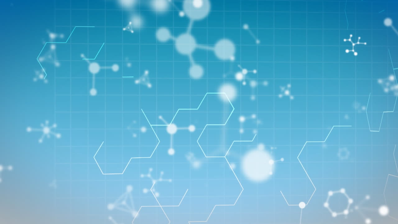 Digital animation of molecular structures floating against hexagonal shapes on blue background