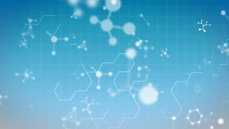 digital animation of molecular structures floating against hexagonal shapes on blue background