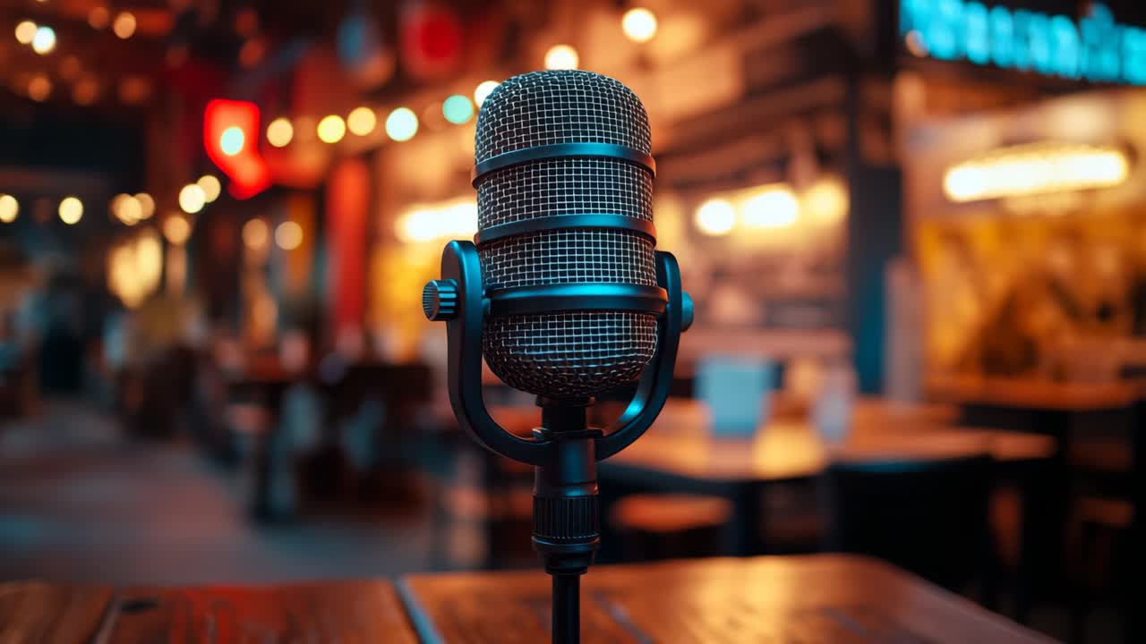 Vintage mic poised to perform. A vintage microphone sits on a wooden table, surrounded by cozy decor and warm ambient lighting.