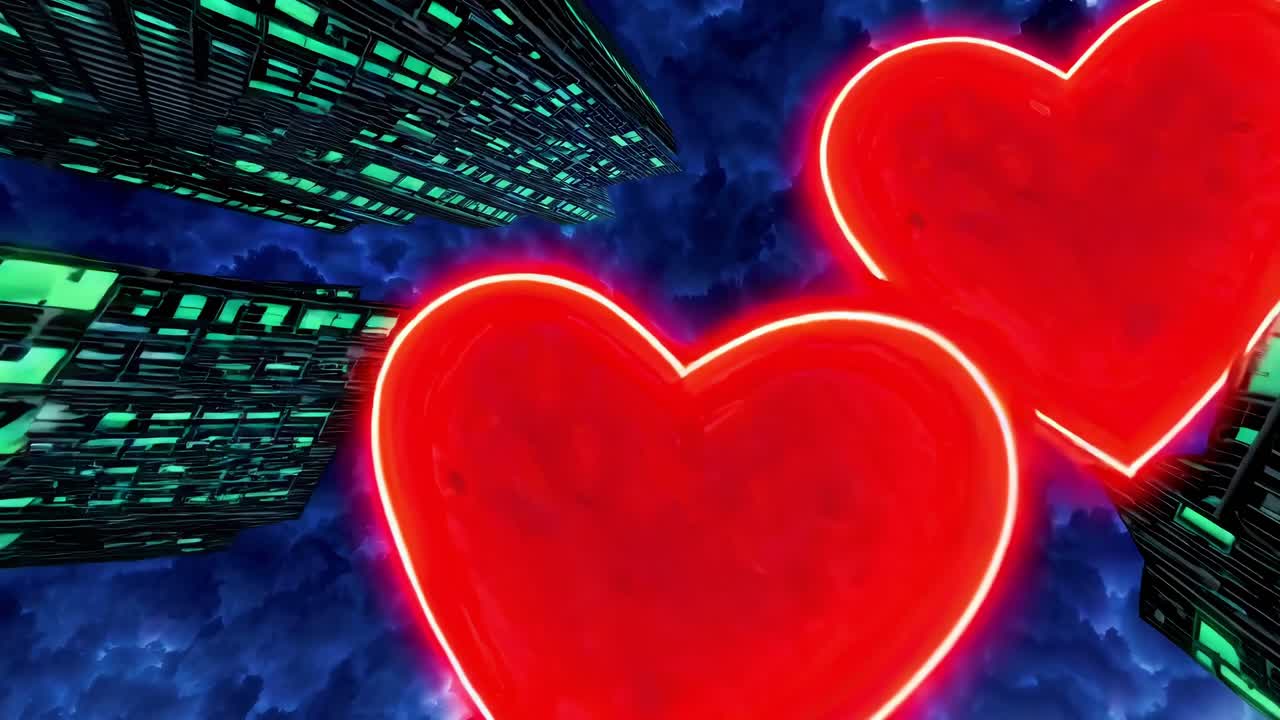 Luminescent red hearts drifting above glowing green futuristic skyscrapers, creating surreal nocturnal urban landscape revealing romantic digital dreamscape