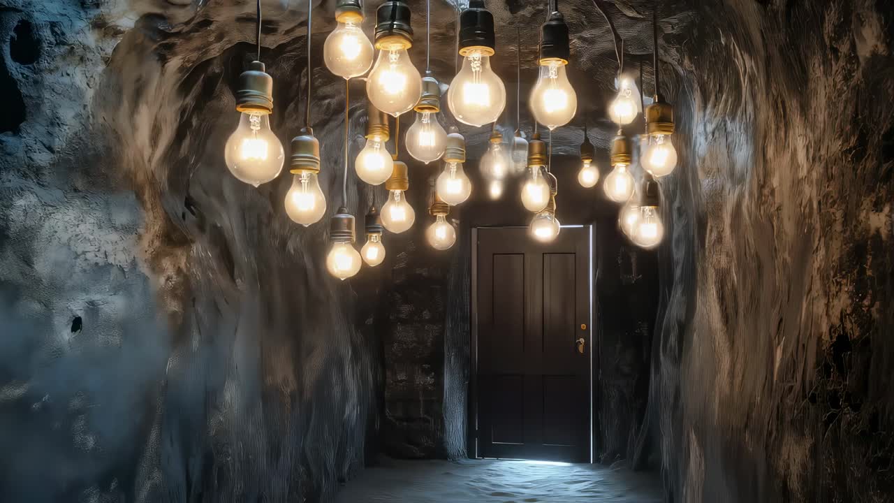 Swinging light bulbs illuminating dark cave entrance, casting mysterious shadows and creating intriguing atmospheric journey through hidden underground world