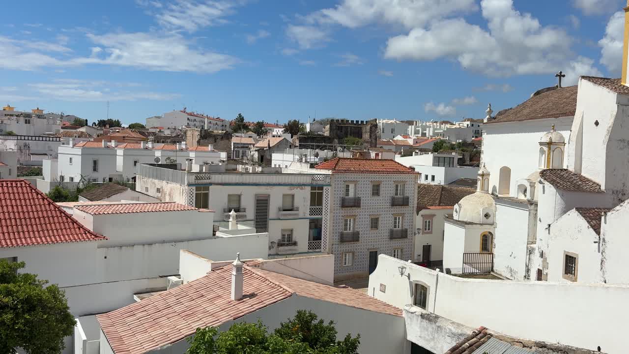 Tavira Portuguese white village in Algarve region. Panning view