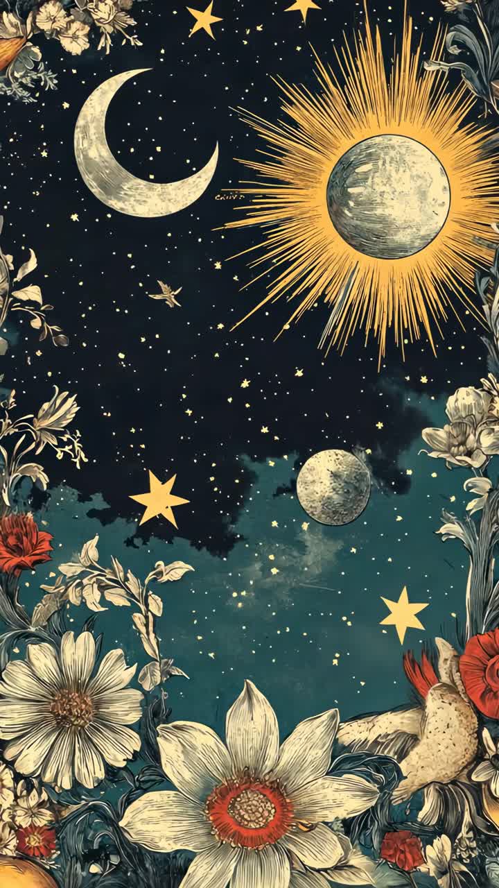 Scena celestiale surreale con sole, stelle e fiori in stile vintage