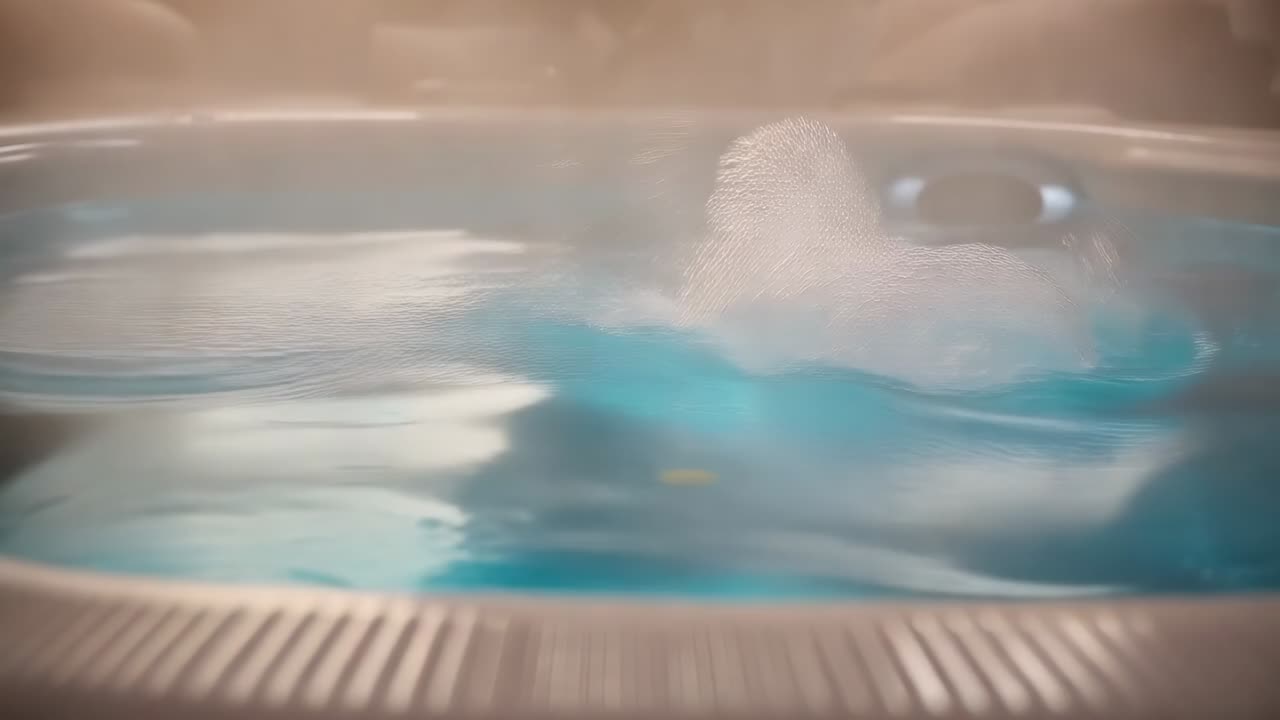 Attivazione del getto idroterapico, colonna d'acqua gorgogliante che sale e scoppia nella vasca idromassaggio, illuminazione blu