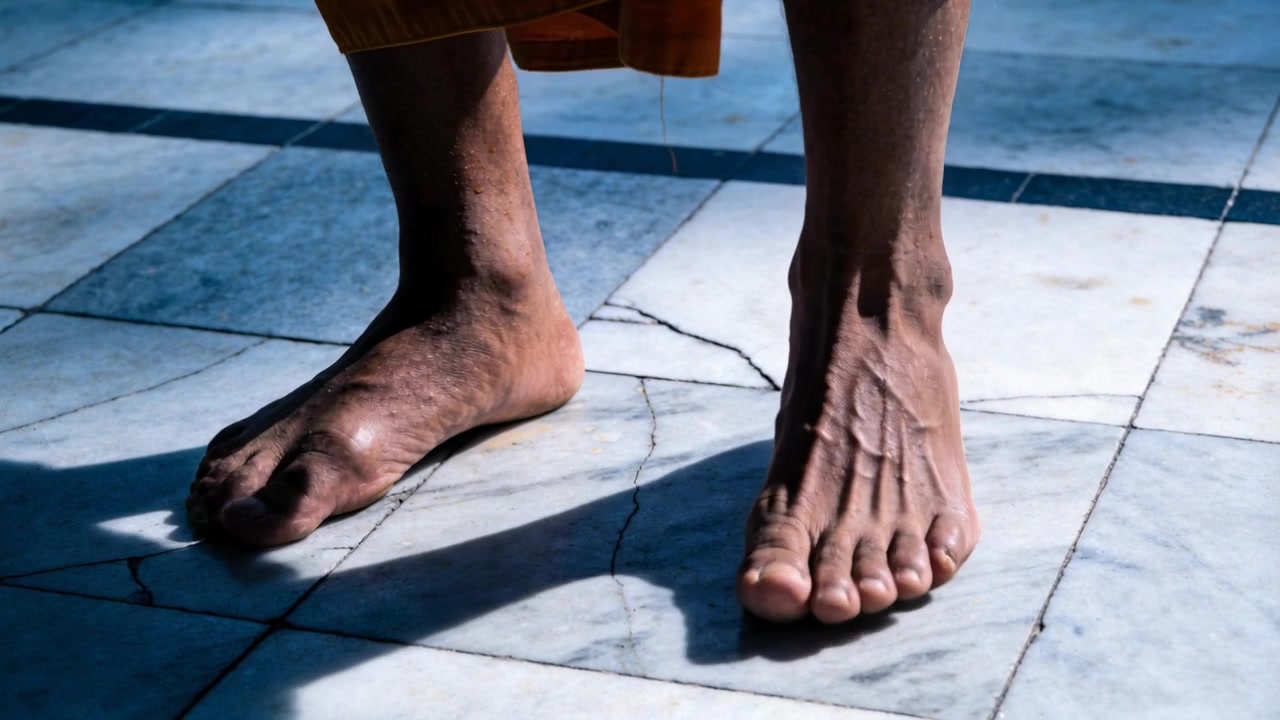 Figura a piedi nudi che si muove con orlo color zafferano, aggiustando la posizione dei piedi per l'equilibrio su piastrelle di marmo