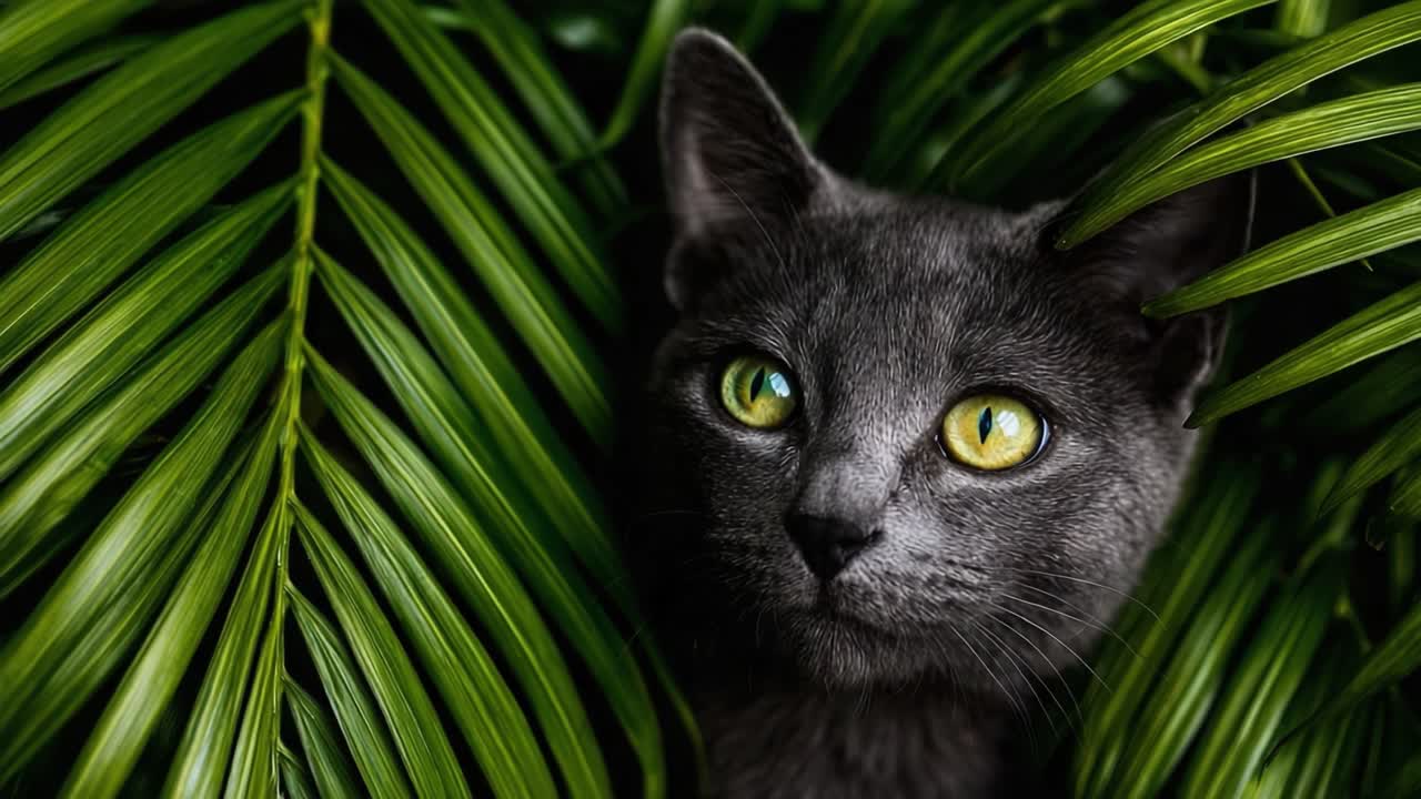 Un maestoso gatto grigio osserva l'ambiente circostante tra foglie verdi e lussureggianti, catturando un momento della bellezza della natura in un ambiente interno.