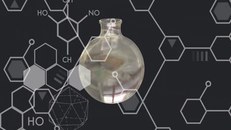 animation of laboratory beaker over mathematical data processing