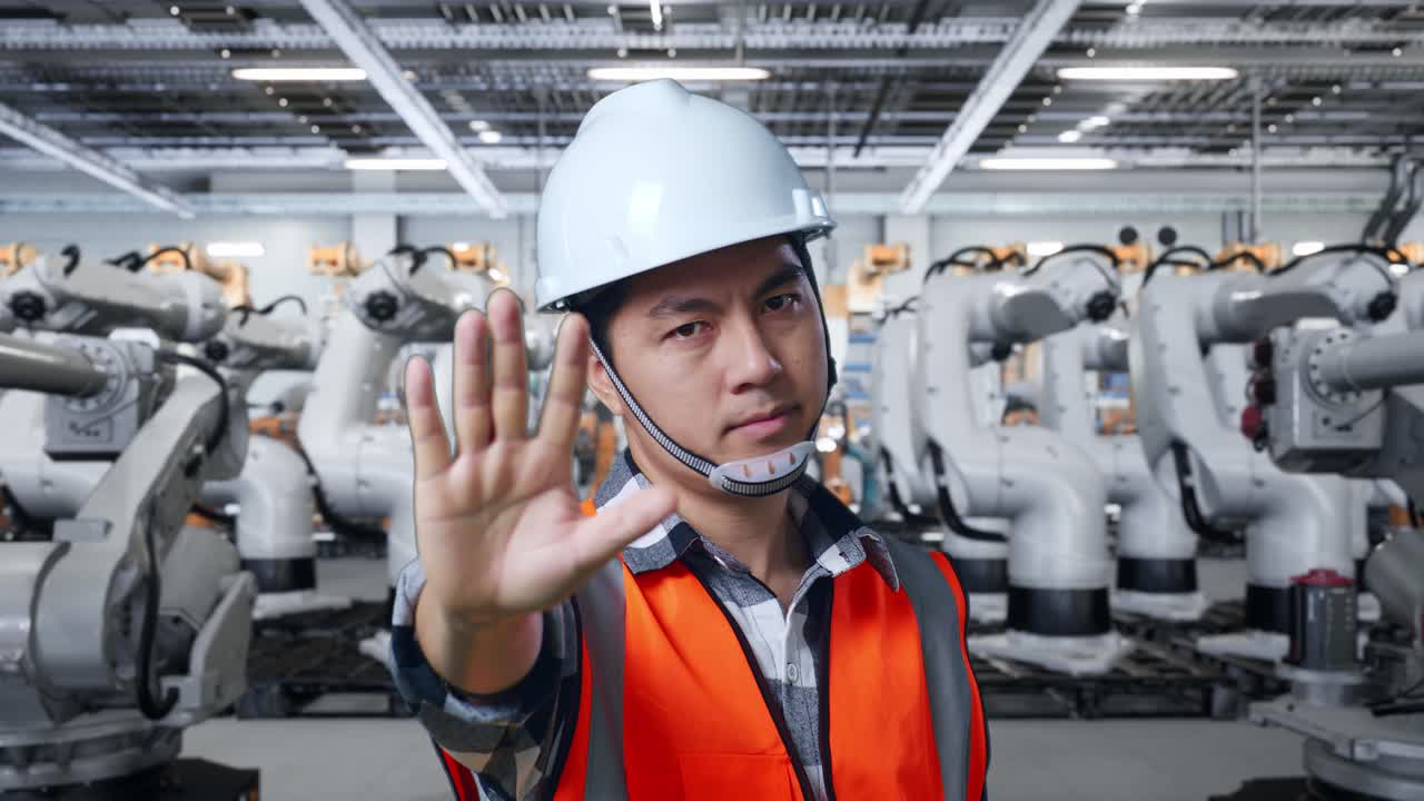 공장 노동자가 로 팔을 멈추고 있다