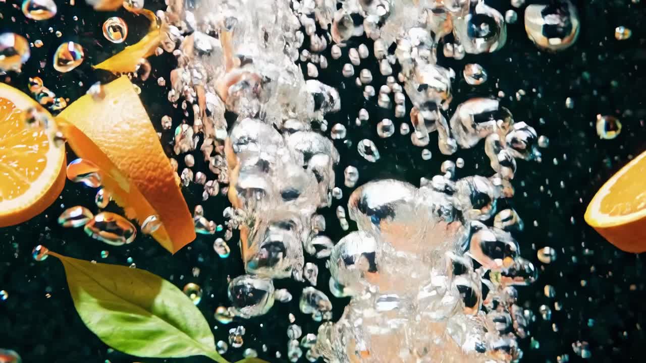 Close-up video of citrus slices submerged in water, capturing bubbles rising