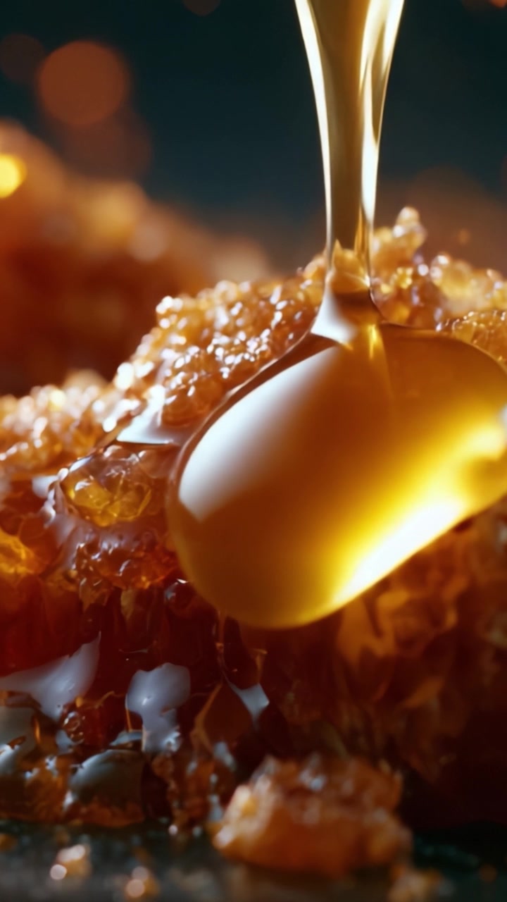 Uma vista em close-up de mel dourado escorrendo sobre um favo de mel brilhante: capturando a rica textura e o aroma doce da deliciosa iguaria da natureza