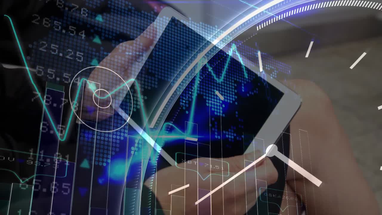 Financial data processing against mid section of woman using digital tablet