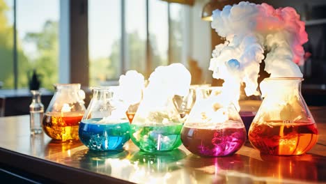 bright sunlight shines on colorful liquids in glass beakers