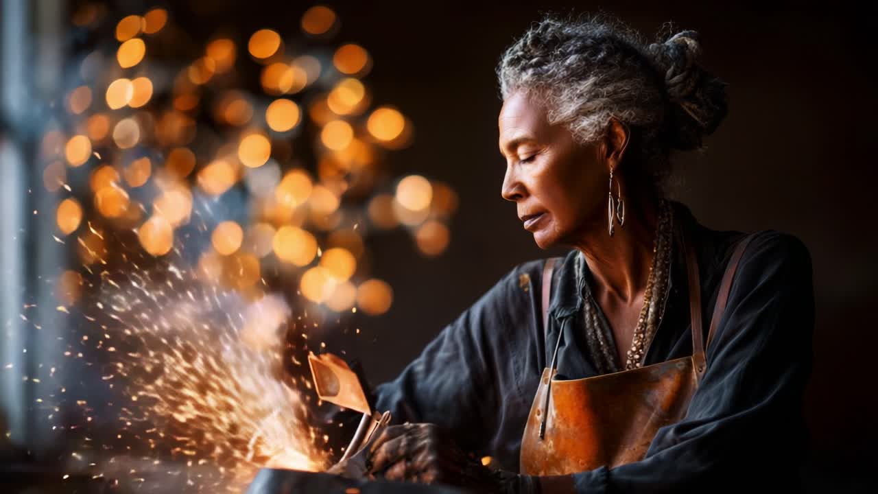 An Expert Artisan Working Vigorously with Metal, Creating Sparks and Artistry, Illuminated by Glowing Bokeh Background, Reflecting Craftsmanship and Experience