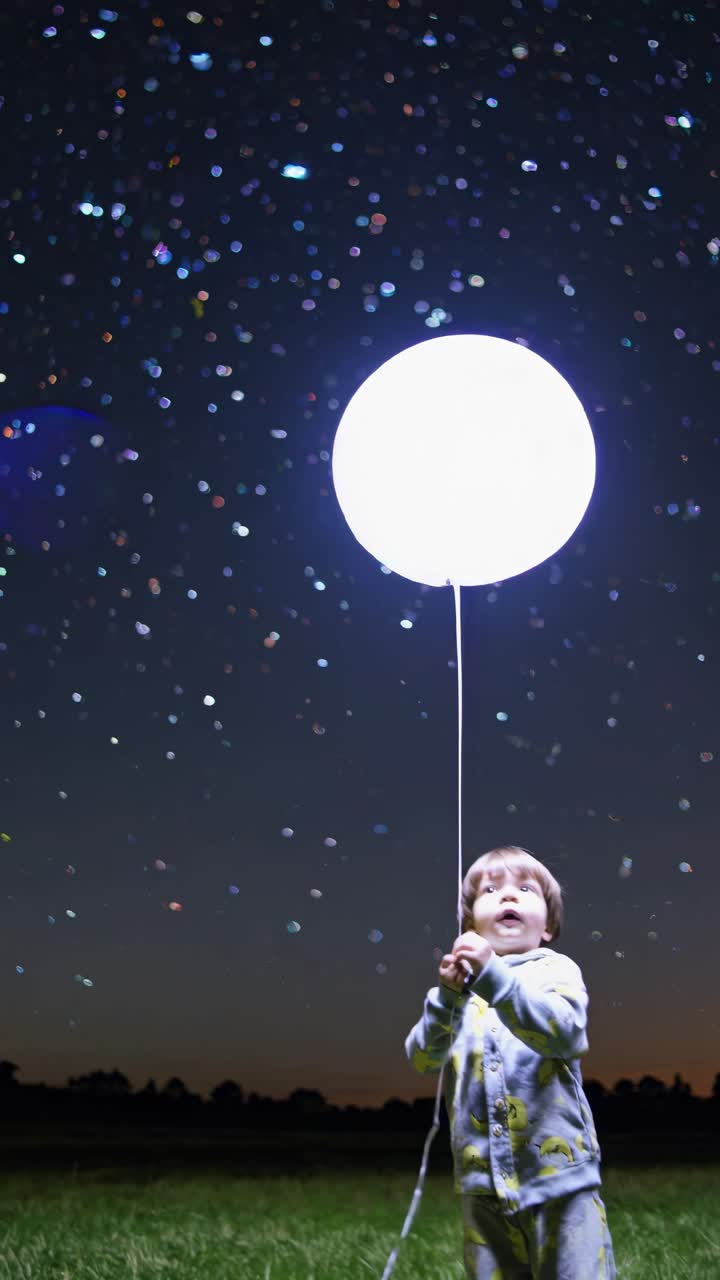 A child gazes at a glowing balloon under a starry sky, captured from a low angle