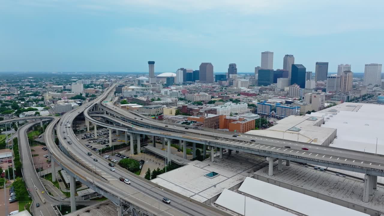 Multi-lane Road Of The Pontchartrain Expressway In New Orleans, Louisiana, USA. Aerial Drone Shot