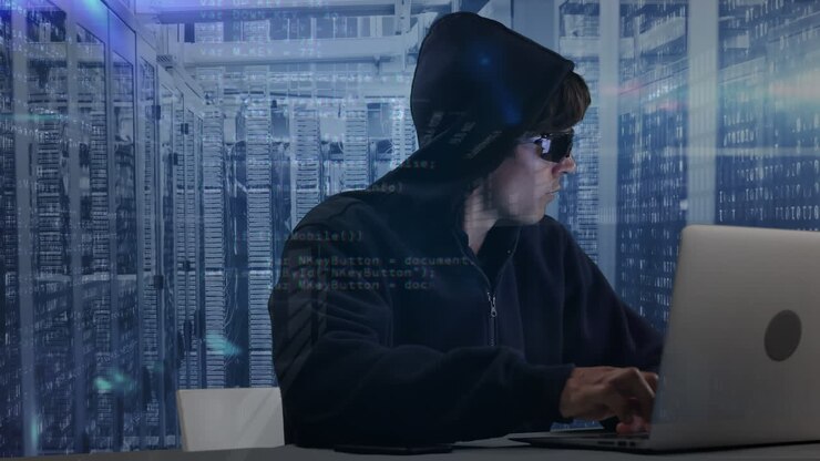 Animazione di uomo incappucciato che hackera un computer