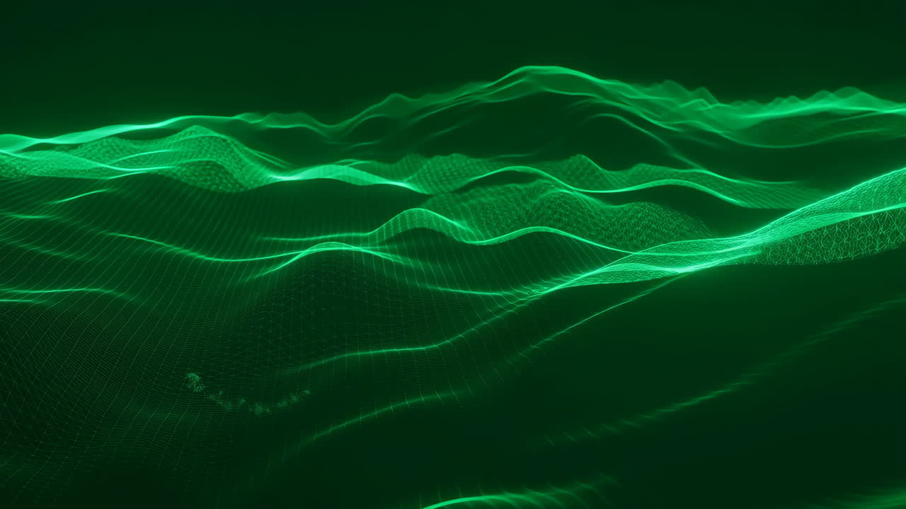 Green Digital Wireframe Landscape with Wavy Grid