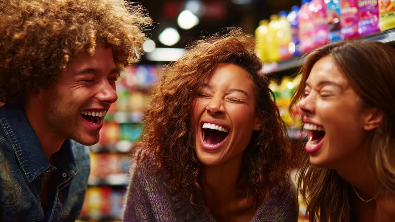 Tiga Teman Berbagi Momen Gembira di Lorong Supermarket yang Penuh Warna, Menangkap Esensi Tawa dan Hubungan Melalui Ekspresi Ceria dan Interaksi Lucu Mereka