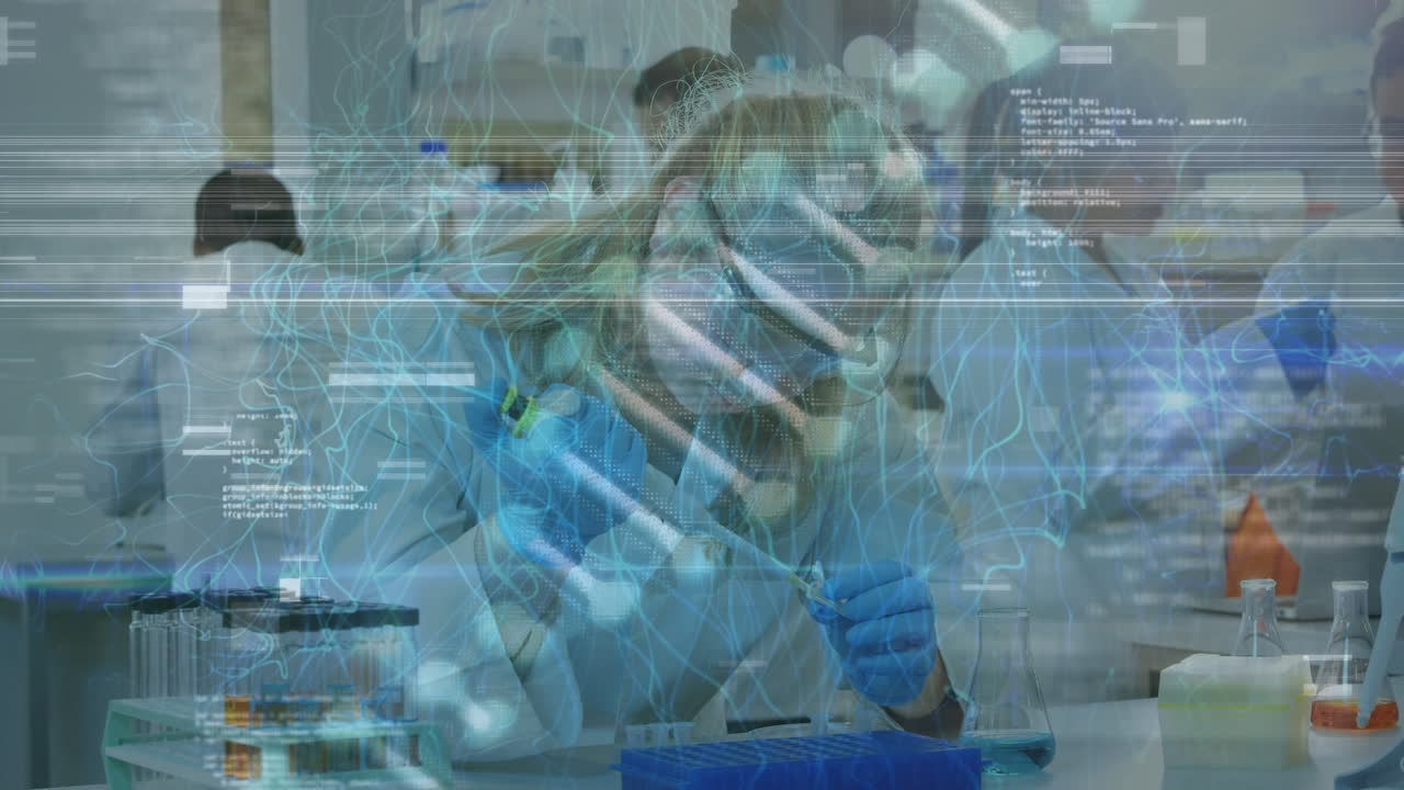 animación de cadenas de adn y procesamiento de datos en diversos científicos en el laboratorio