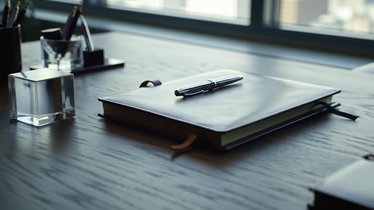 A Minimalist Workspace Featuring Leather Notebooks and a Pen on a Wooden Desk, Perfect for Creative Thinking and Idea Development
