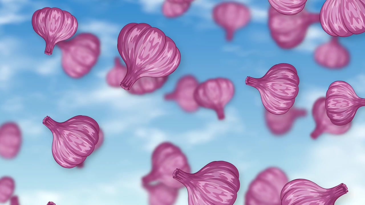 Stylized purple garlic bulbs fall through a bright blue sky with soft white clouds.