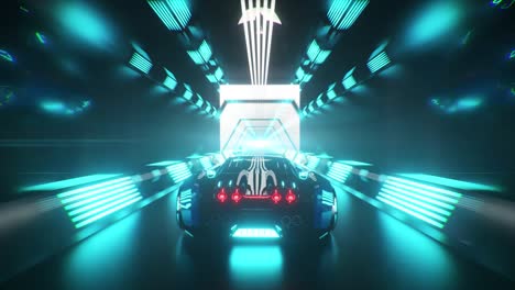 the car rushes at high speed through an endless neon technology tunnel. futuristic concept. 3d animation of seamless loop