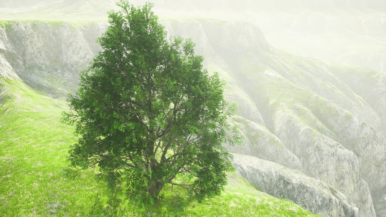 Lush green tree stands alone on hillside with rocky cliffs in background