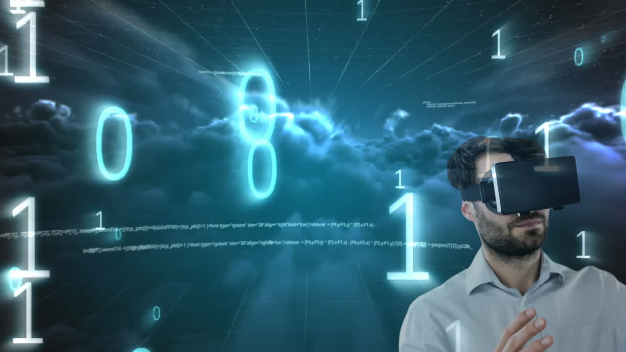 hombre caucásico con auriculares vr sobre codificación binaria y procesamiento de datos contra nubes oscuras