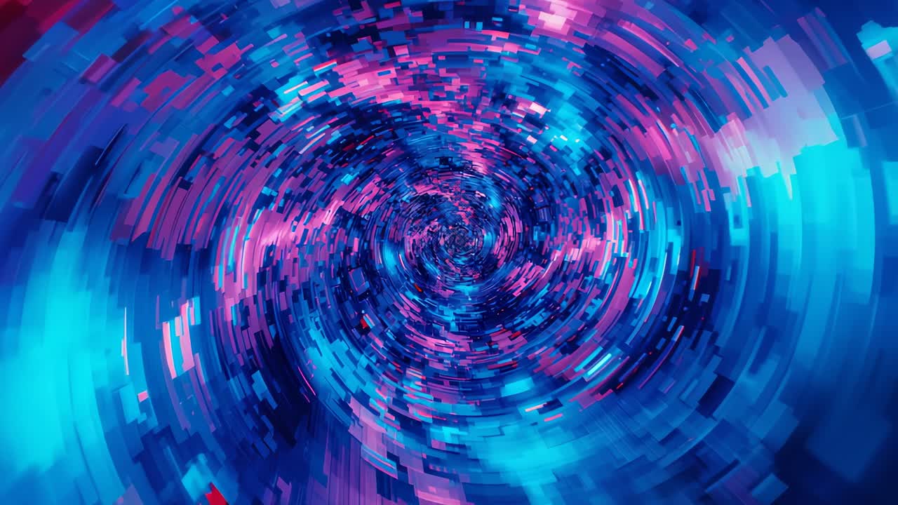 Opening spiral of neon rectangles swirling inward in digital tunnel, simulating hypnotic descent