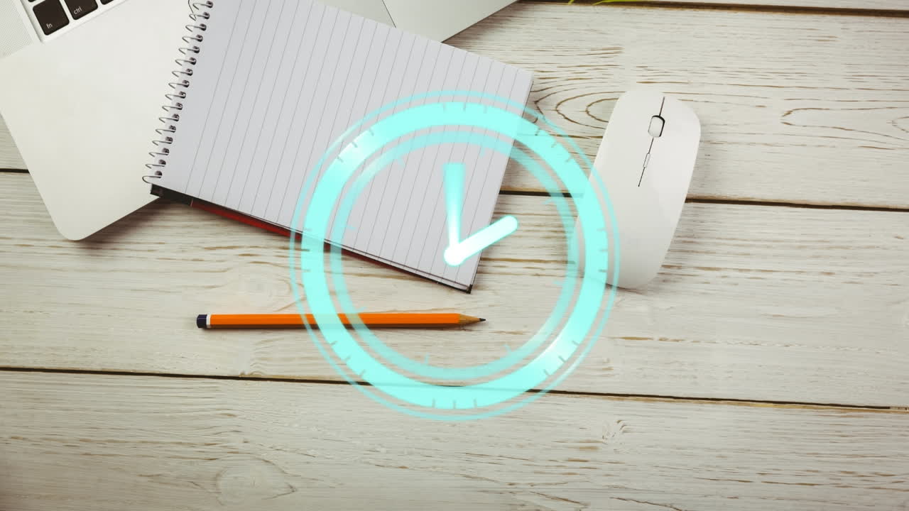 Animation of clock moving over desk with notebook and laptop