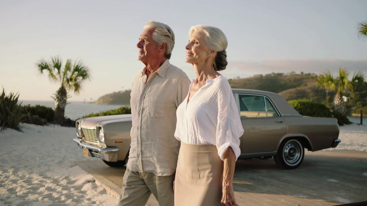 Comenzando junto a un coche clásico, pareja mayor caminando por el paseo marítimo con ropa de lino, observando el atardecer