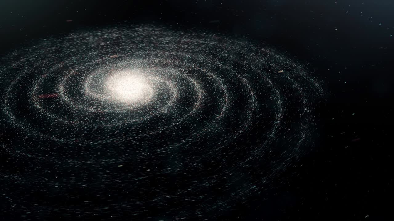 Flying through the Universe full of stars on black background, seamless loop. Animation. Breathtaking spiral shaped cosmic landscape
