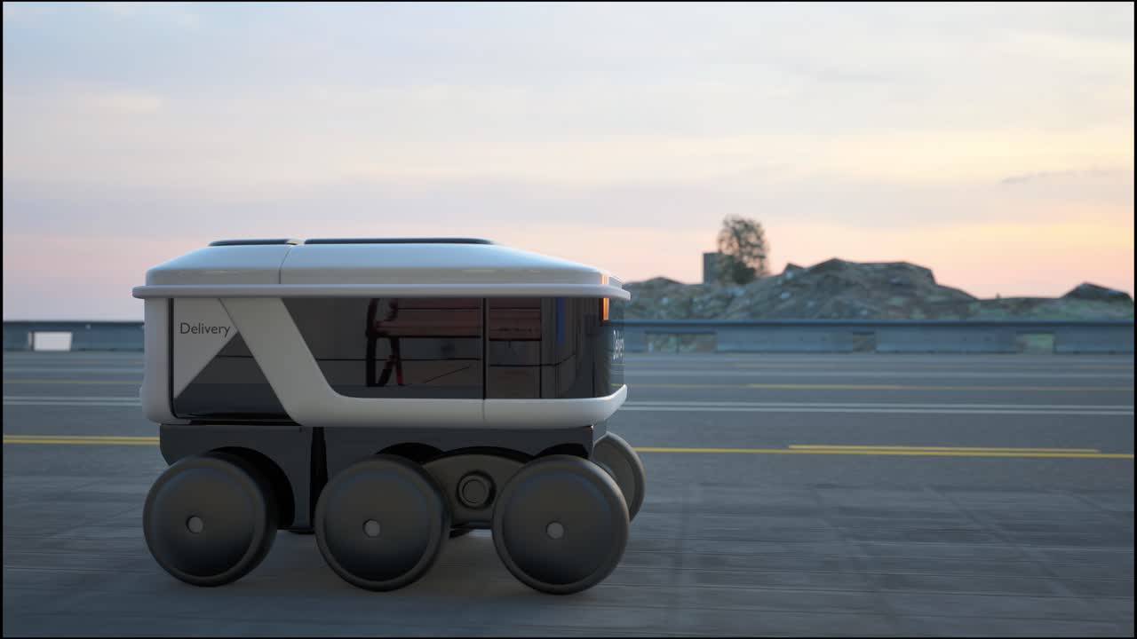 Automated Delivery Robot Service Driving On Urban Street. Modern Smart Wireless Robot Delivers Goods Or Food To A Customer. New Technological Iot Business Industry Of Delivery Logistic Of Online Shop