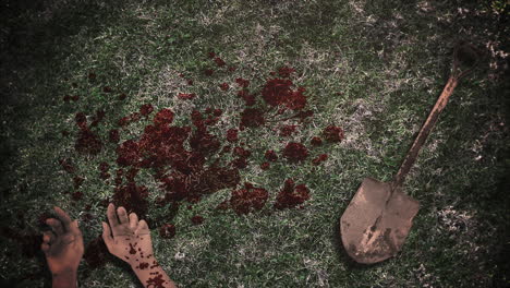 fondo de terror místico con sangre oscura y manos y pala