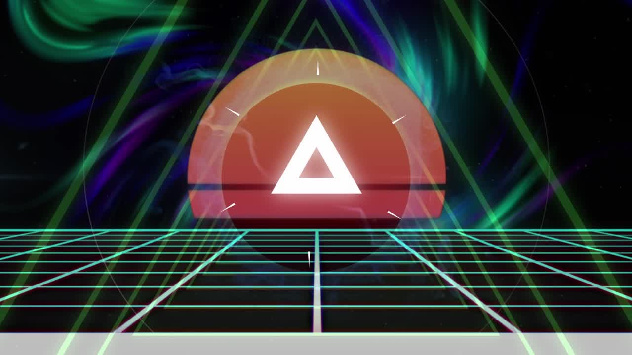Animation of glowing neon geometrical shapes over dark background