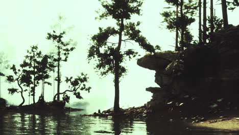 serene lakeside view with trees and rocky shoreline during twilight hours