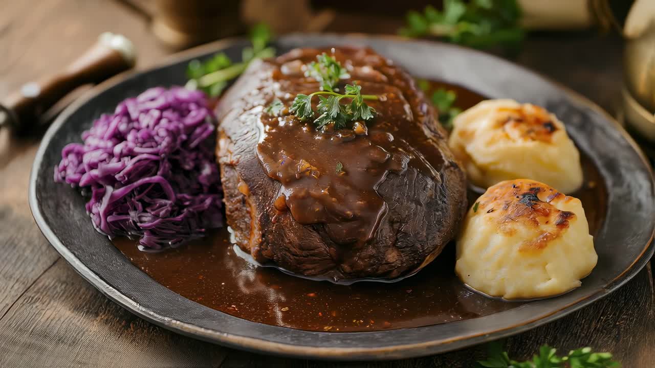 Traditional German dish of Sauerbraten, a pot roast marinated in vinegar, wine, and spices, served with potato dumplings and red cabbage on a dark plate, garnished with fresh herbs