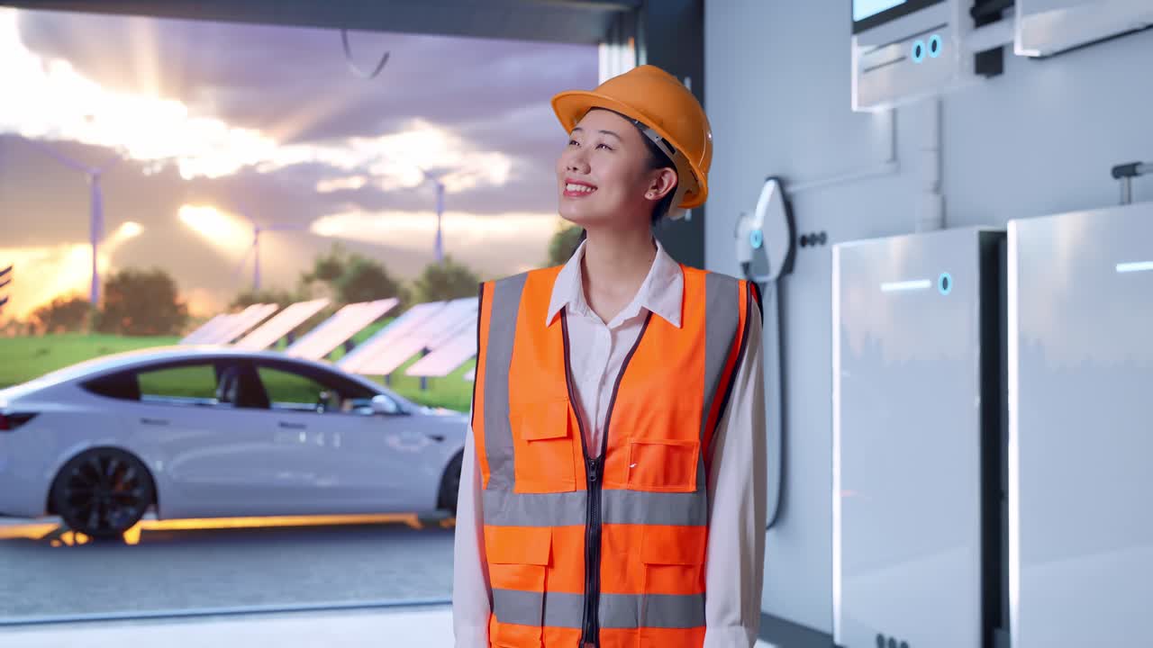 Asian Female Engineer With Safety Helmet Looking Around With Home Energy Storage System In a Modern Garage