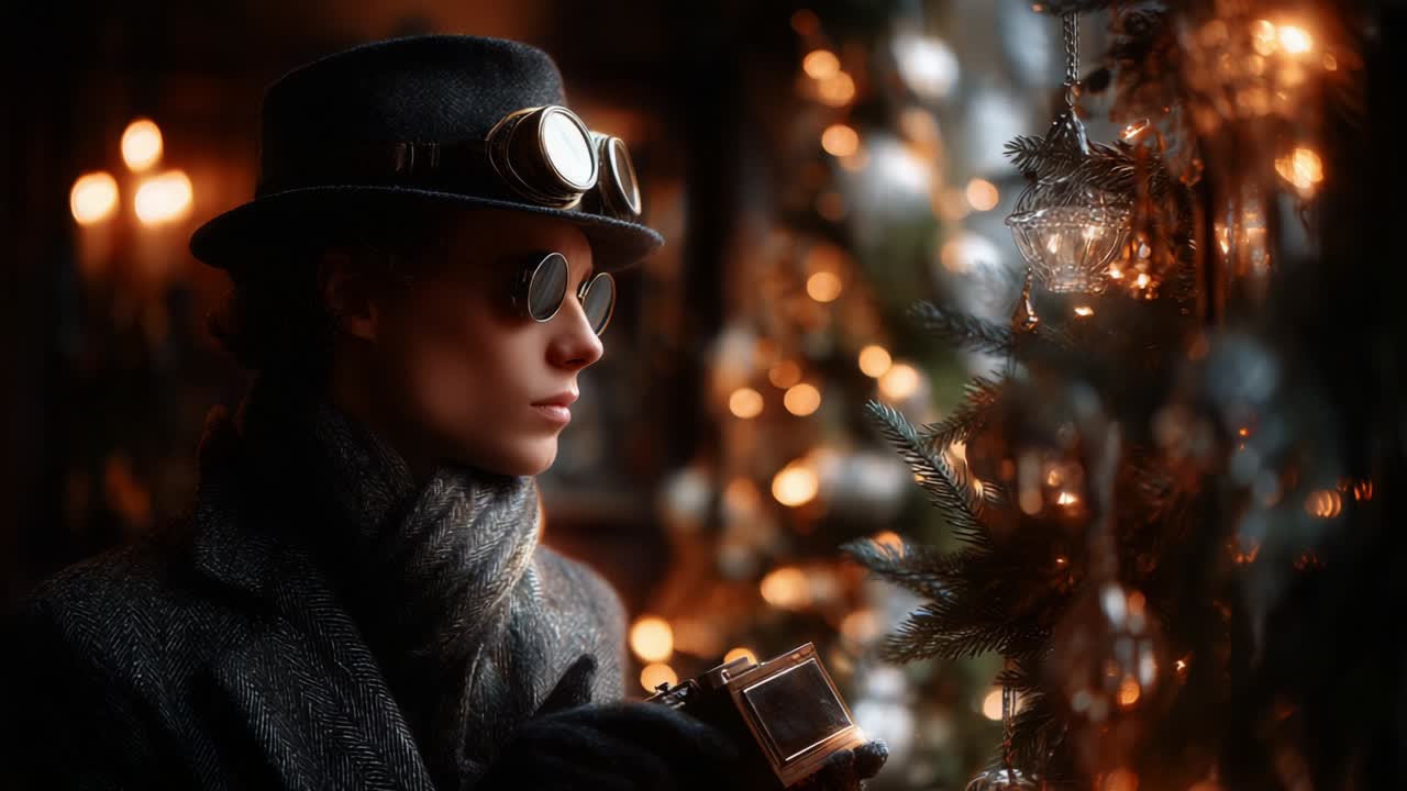 A Thoughtful Moment Captured Amidst the Warm Glow of Holiday Lights, Featuring a Stylish Individual in a Vintage Ensemble, Complete with Unique Accessories and Surrounded by Festive Decorations