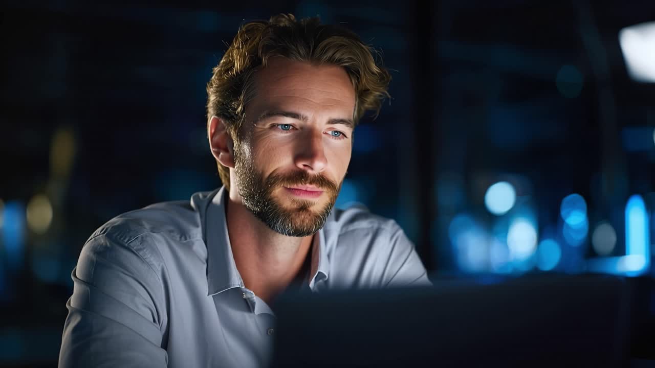 Professionista Concentrato che Contempla Idee di Notte Mentre Lavora su un Laptop in un Ambiente Poco Illuminato con Illuminazione Ambientale Soffusa ed Espressione Pensierosa