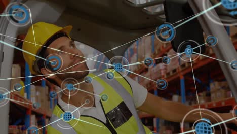 Animation-of-network-of-connections-over-caucasian-male-worker-in-warehouse